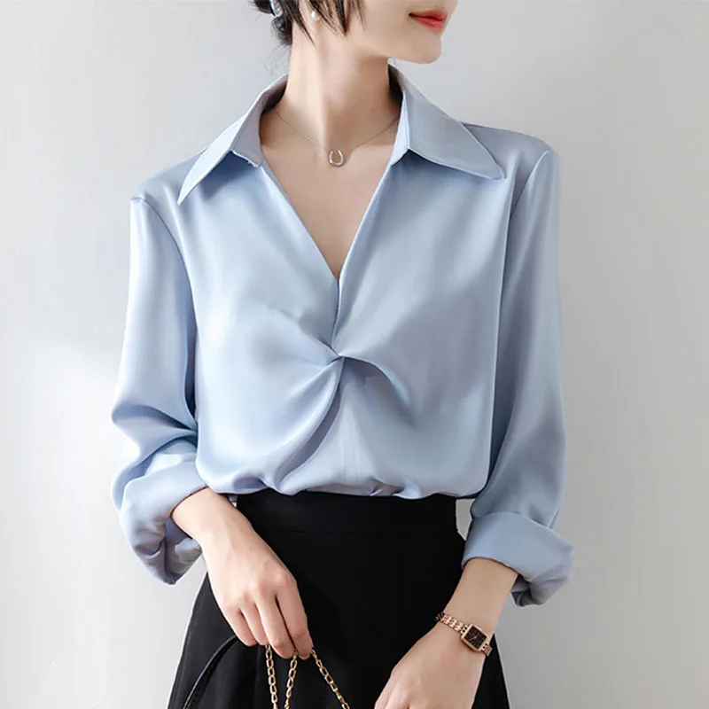 New Womens Blouse Long Sleeve Turn Down Collar Office Lady Folds Chiffon Blusa Shirts Women Tops Blusas Camisas De Mujer C11