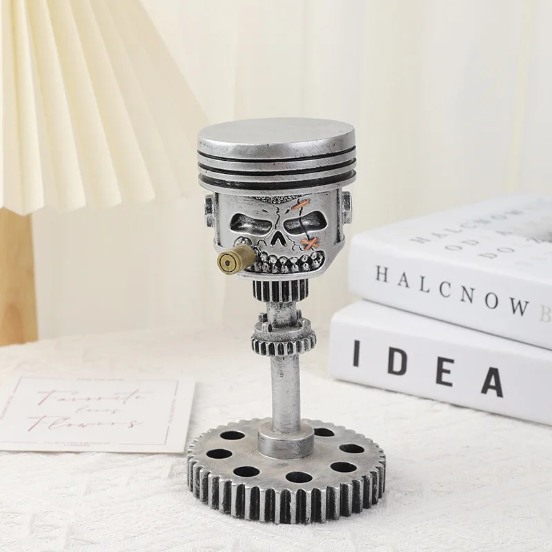 Piston Skull Face Sculpture Resin Gear Ornament Steampunk Decor Unique Art Piece