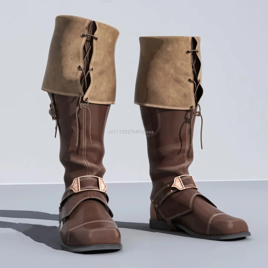 Quadratische Zehenspitze, Schnallenverschluss, lange Stiefel, hohe Schafthöhe, flacher Boden, Ritterstiefel, modischer niedriger Absatz, Retro-Farbblock-Design, Schnürschuhe – Detail 2