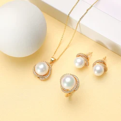 12mm Pearl Necklace Sets Jewelry for Women Pendant Adjustable Ring Earrings Round White Wedding/Party Sets Charm Gift