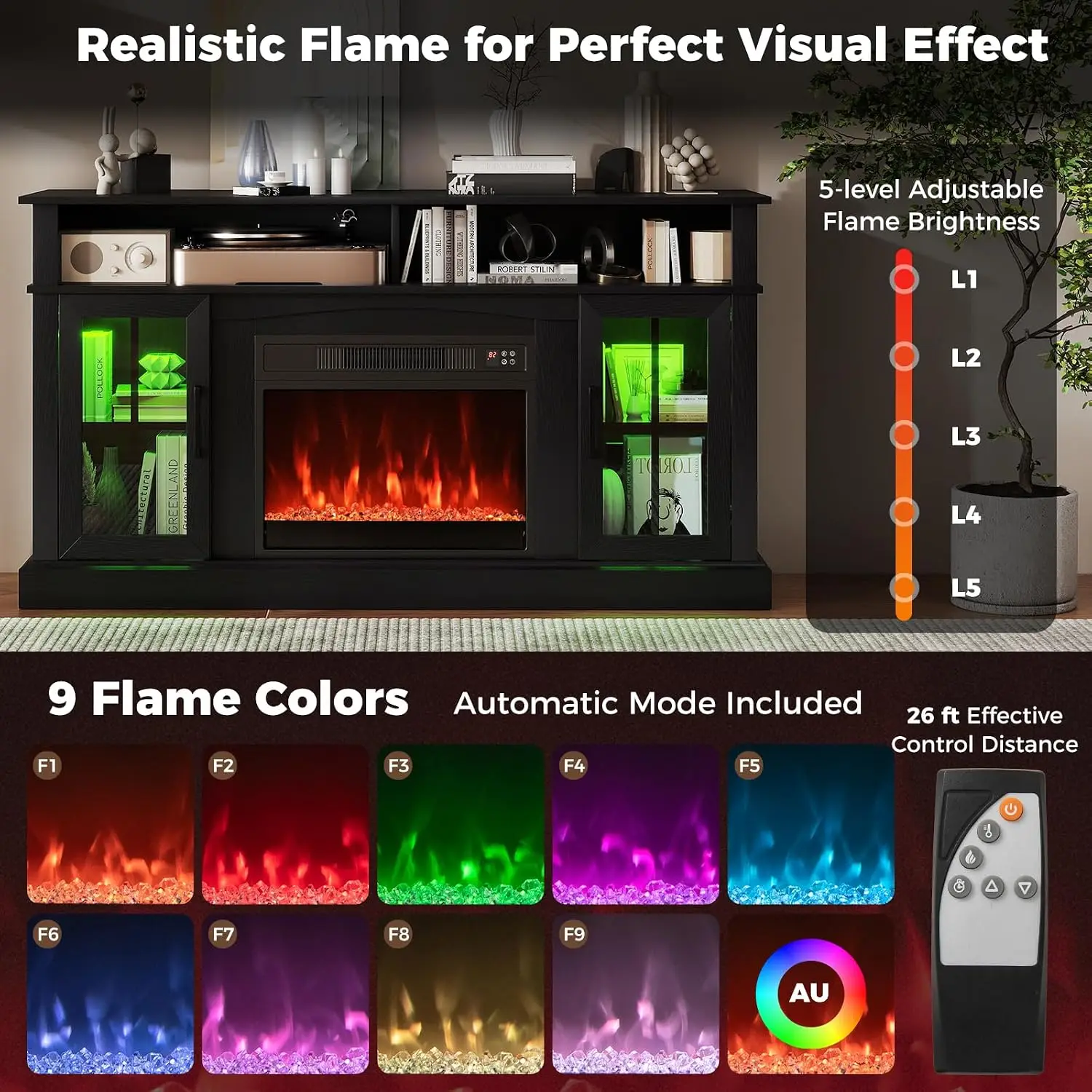 Electric Fireplace TV Stand LED Lights Remote Control Adjustable Shelf 1400W Heater 6H Timer 3-Level Flame Black, Customized