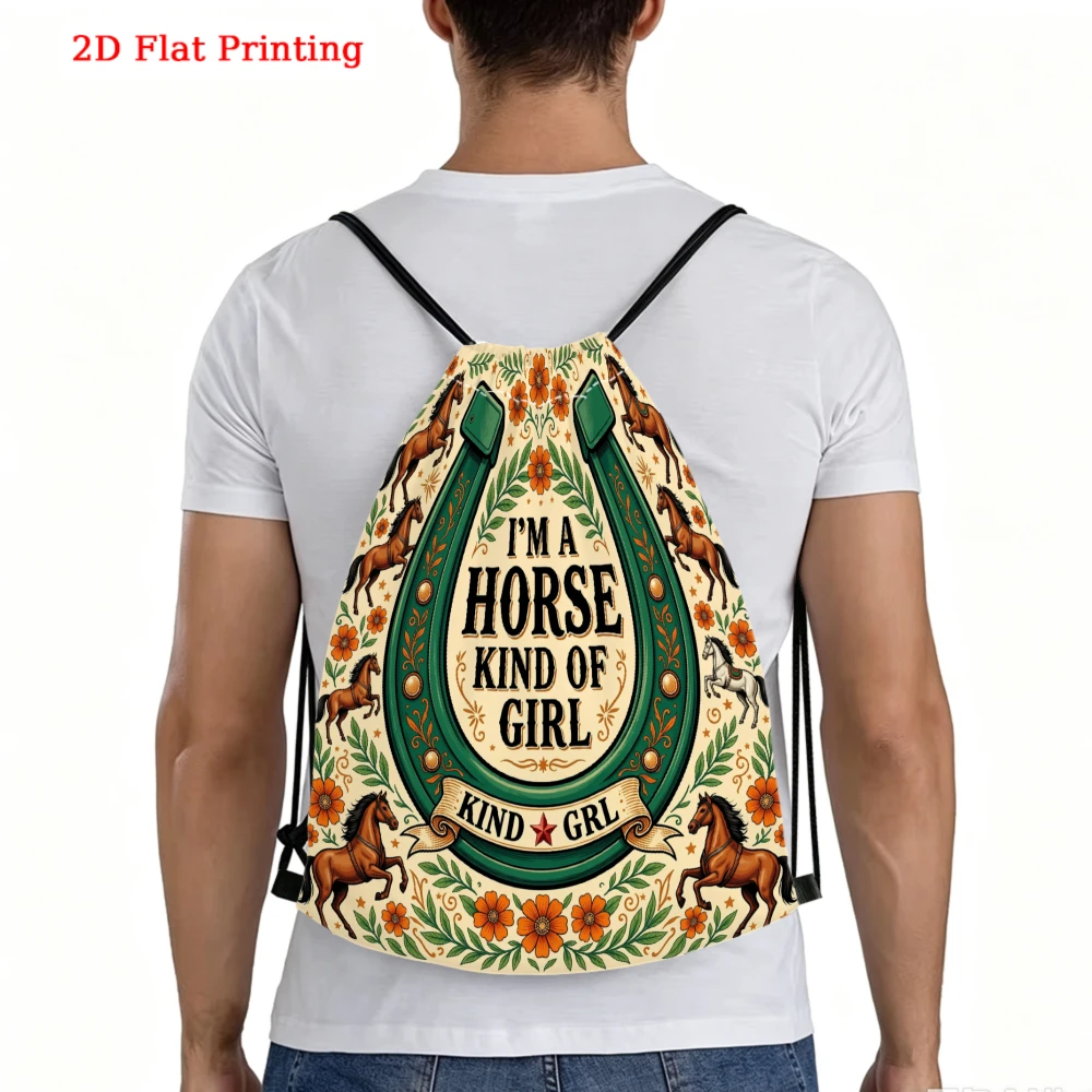 Horse Lover Horseshoe Floral Print Drawstring Backpack for Fitness Sports Outdoor Travel