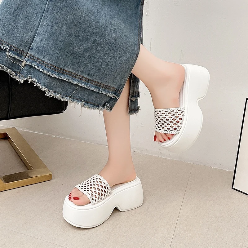 Woman's Trendy Crochet Wedges Slides Sandal White Black Platform Open Toe Sandals Non-Slip Casual Summer Slippers for Beach