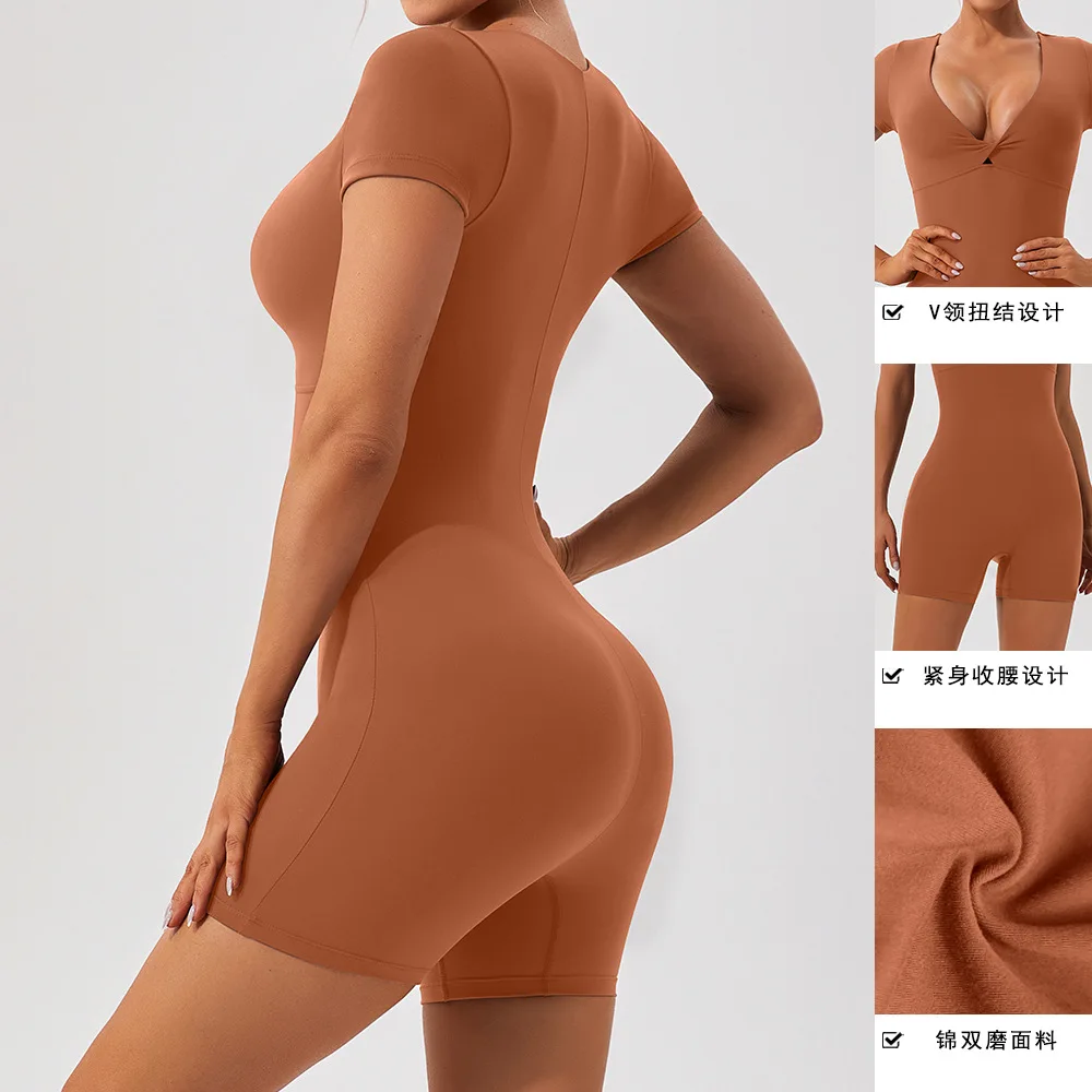 Sexy Short Sleeved Jumpsuit for Women, Tight Fitting, Slimming, Gym Sports, Running, Brushed, Outdoor