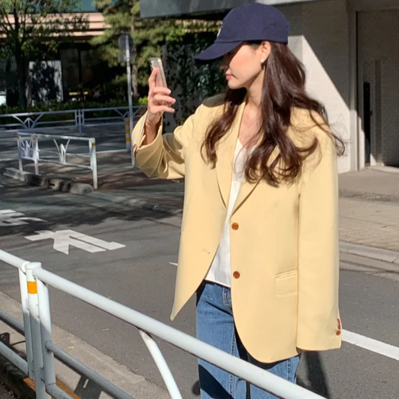 بدلة نسائية كورية أنيقة من Jaet باللون الأصفر الدافئ بزر واحد فضفاض غير رسمي مناسب للتنقل ومتعدد الاستخدامات طويل Sve #2