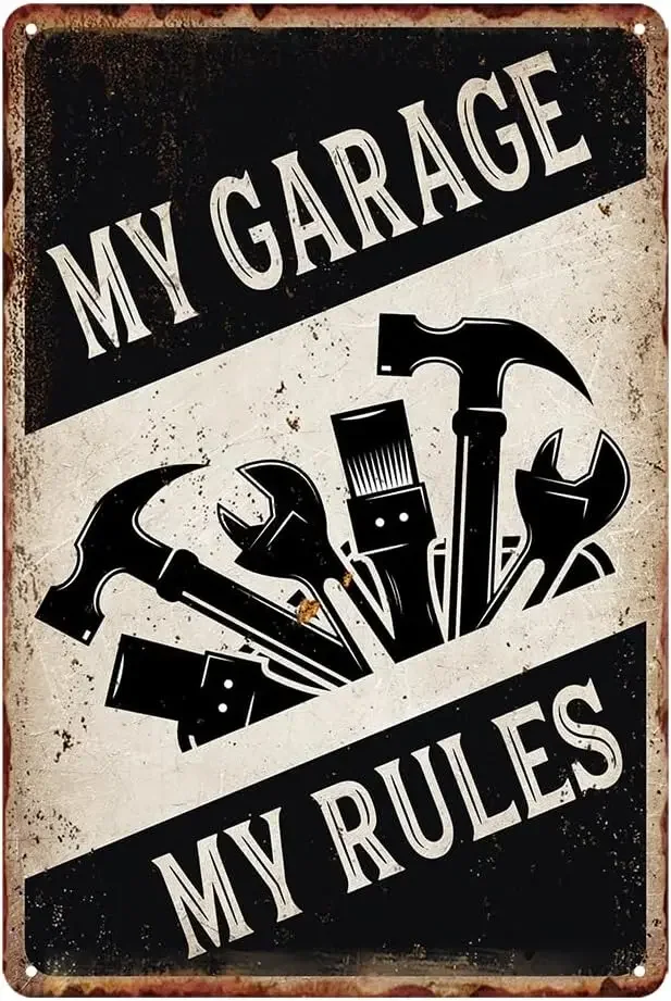 Vintage Garage Signs Decor For Men Retro Metal Tin Sign My Rules Car Door Decorations Old Guys Tool Rule Shop
