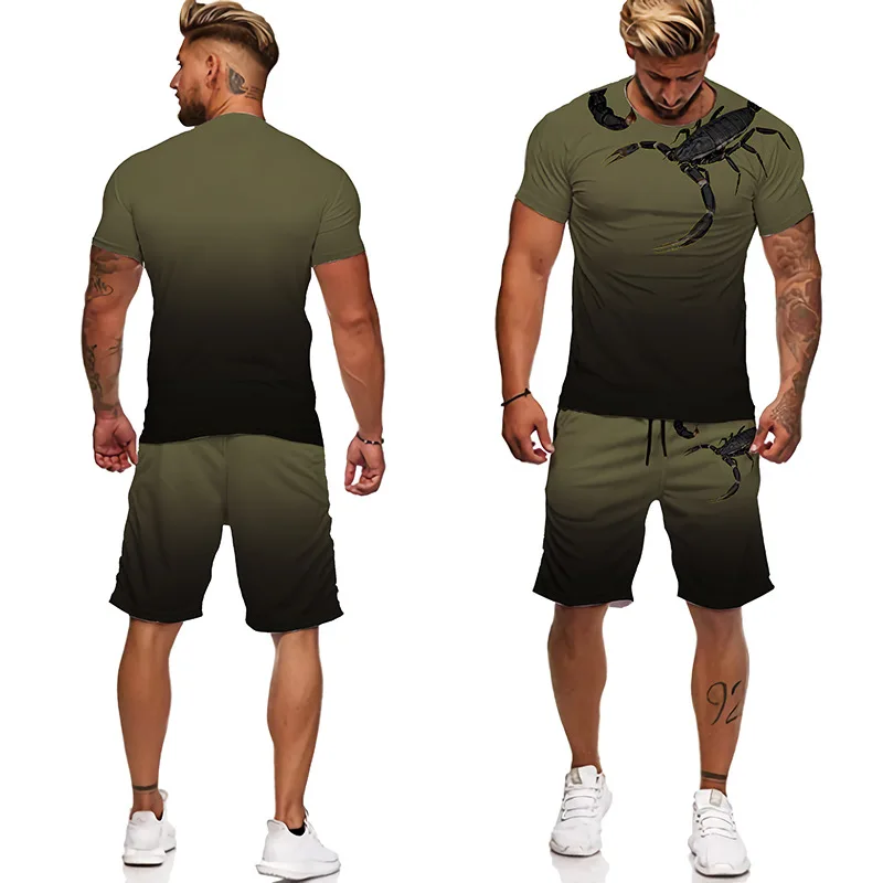 Summer Scorpion Pattern Men\'s Clothing 2PCS Sets 3D Printed Casual T Shirt+Shorts Outfits Street Trend Oversized Sportwear Suits