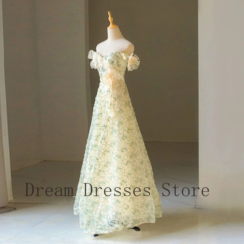 Customized Pastrol Tulle Applique Handmade Flower A-line Off-the-shoulder Long Dresses Bespoke Occasion Dresses Sizes Available