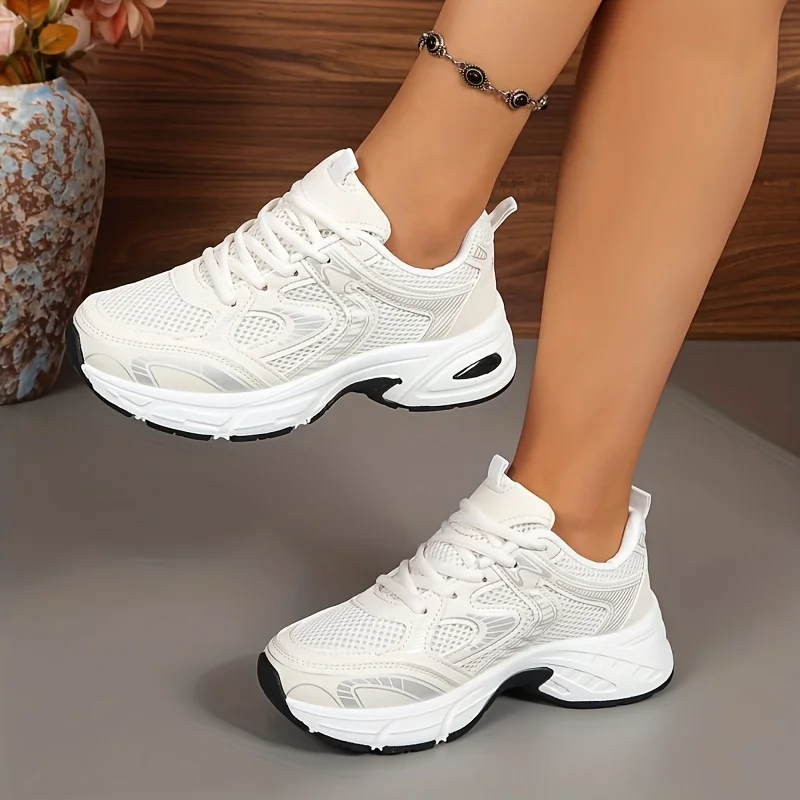 Women Mesh Chunky Platform Dad Sneakers Thick Sole Height Increasing Casual Shoes Breathable Non Slip Lace Up Walking Trainers Multicolor Fashion All Match Daily Outdoor Sports Footwear For Ladies All Seasons Daily Wear