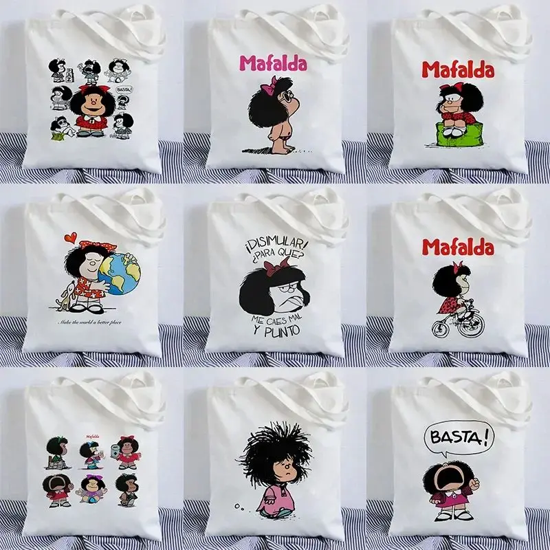 Kawaii Shoulder Bags Mafalda Cute Anime Women Large Capacity Graphic Shopping Bag No Zipper Girls Canvas Casual Eco Tote Handbag