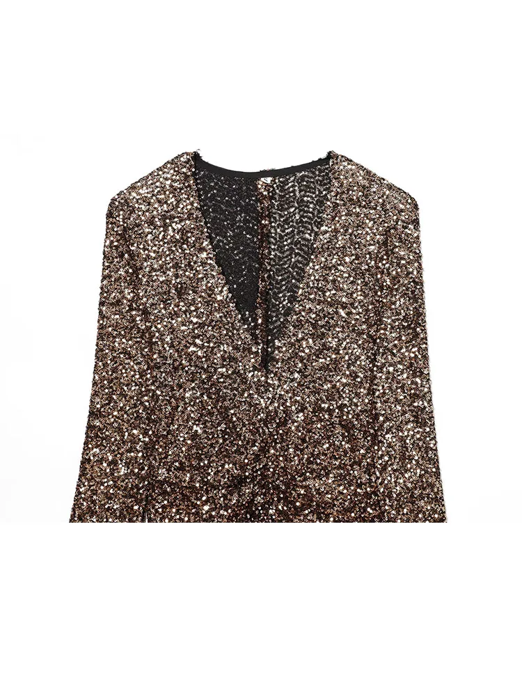 HH Abito lungo sexy da donna con scollo a V e paillettes con orlo a fessura Decorazione Abito lungo femminile elegante maniche lunghe Abiti da sera sottili