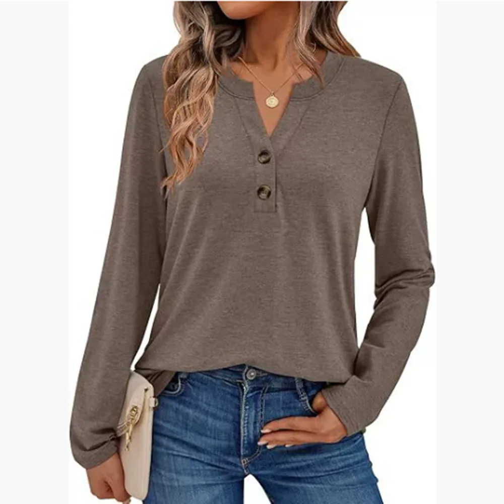 2025 Spring Autumn New Casual Interior Top Fashion Solid Color V-neck Long Sleeve Loose T-shirt Top Daily Home Women's Clothing