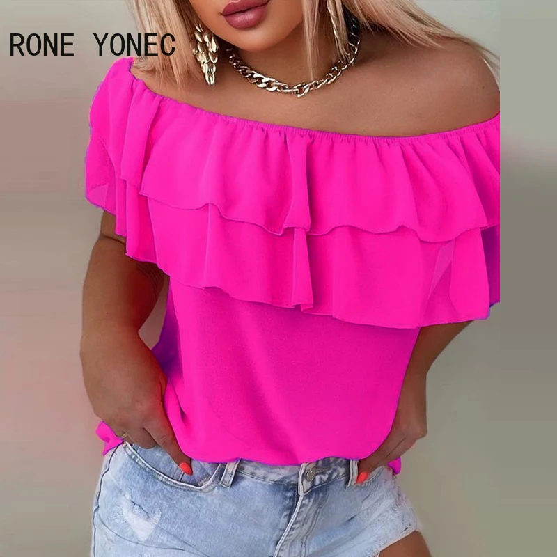 2024 Women Chic Slash Collar Off Shoulder Short Sleeves Sexy Daily Blouse Tops