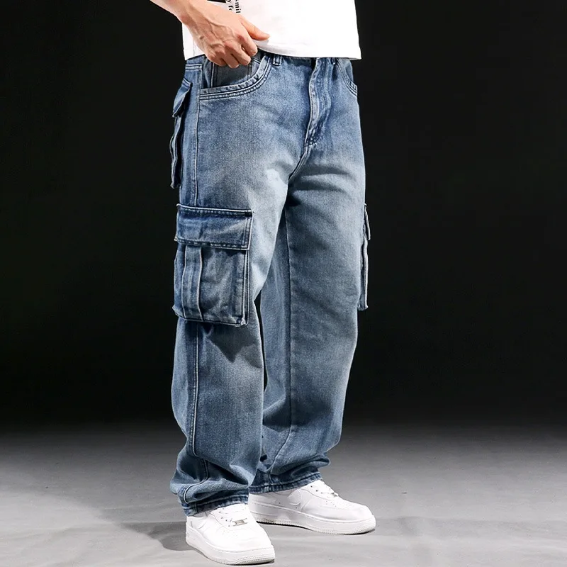 

KIDWHXR Men Denim Pant Streetwear Contrast Color Pocket Male Cargo Pant Americna Retro Washed Loose Versatile Man Trousers