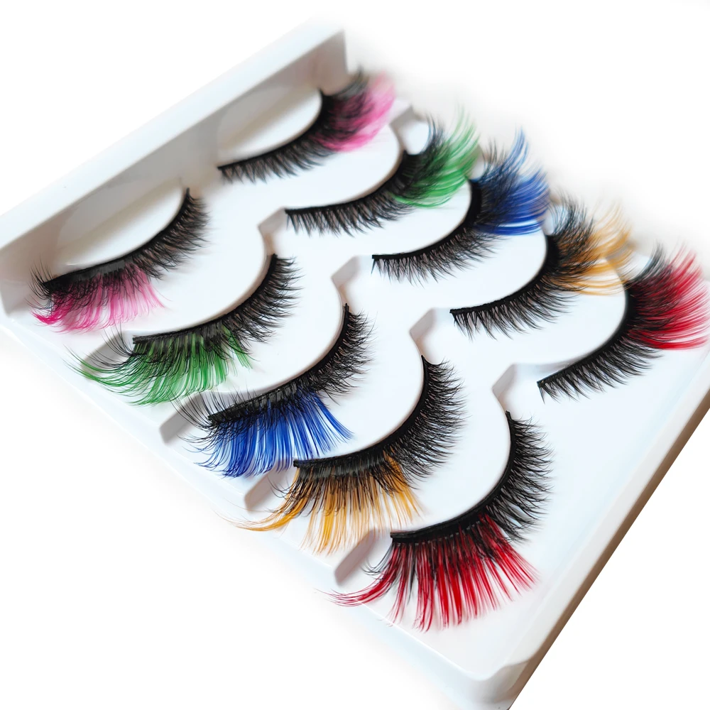 5 Paar Make-up, dramatisch aussehende falsche Wimpern, Katzenauge, bunte Wimpernverlängerung, Rot, Blau, Rosa, Grün, Wispy-Wimpernwerkzeuge