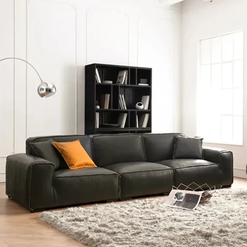 Big Black Cow Leather Sofa, Hotel Living Room Advanced Sense Sofa, Straight Row First Layer Cowhide Art Sofa Combination