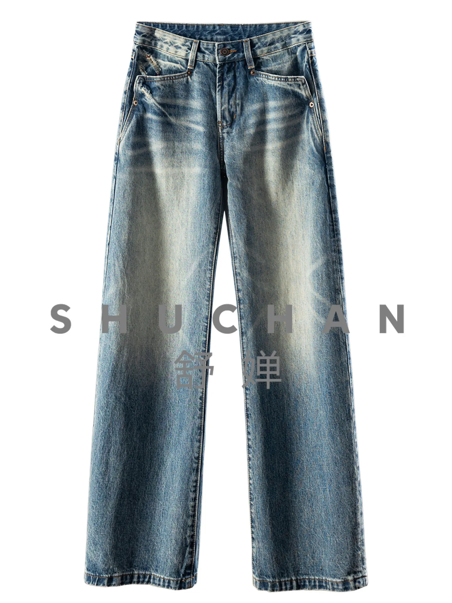 

High-end, Long-legged Essence, French Retro Washed 100 Cotton High-waisted Straight Wide-leg Jeans Women 10W9