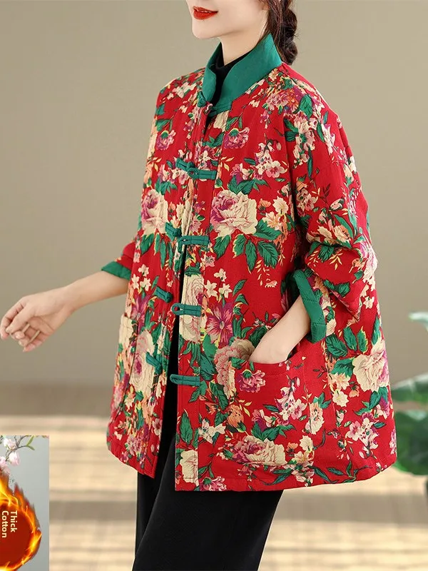 

Thiened Зимнее хлопковое женское свободное праздничное теплое пальто с цветочными пуговицами для поездок на работу, ткань с принтом, длинная свеч-стойка C...