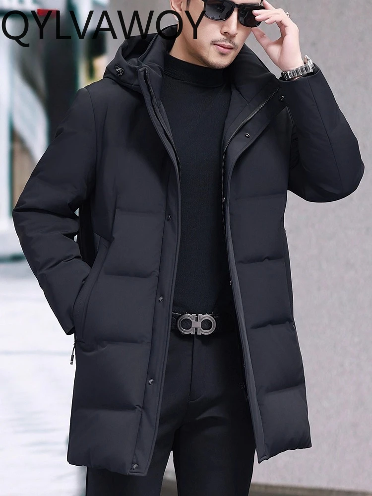 QYLVAWOY 84% Polyamide Winter New Men's Down Jacket Mid-Length Outerwear Business Casual Hooded Thickened Warm Top LJ2228