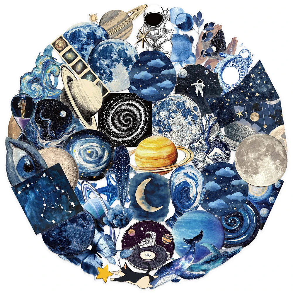 10/30/50pcs Transparent Blue Universe Galaxy Stickers Aesthetic Decals Decoration Scrapbook Luggage Phone Creative Sticker Pack