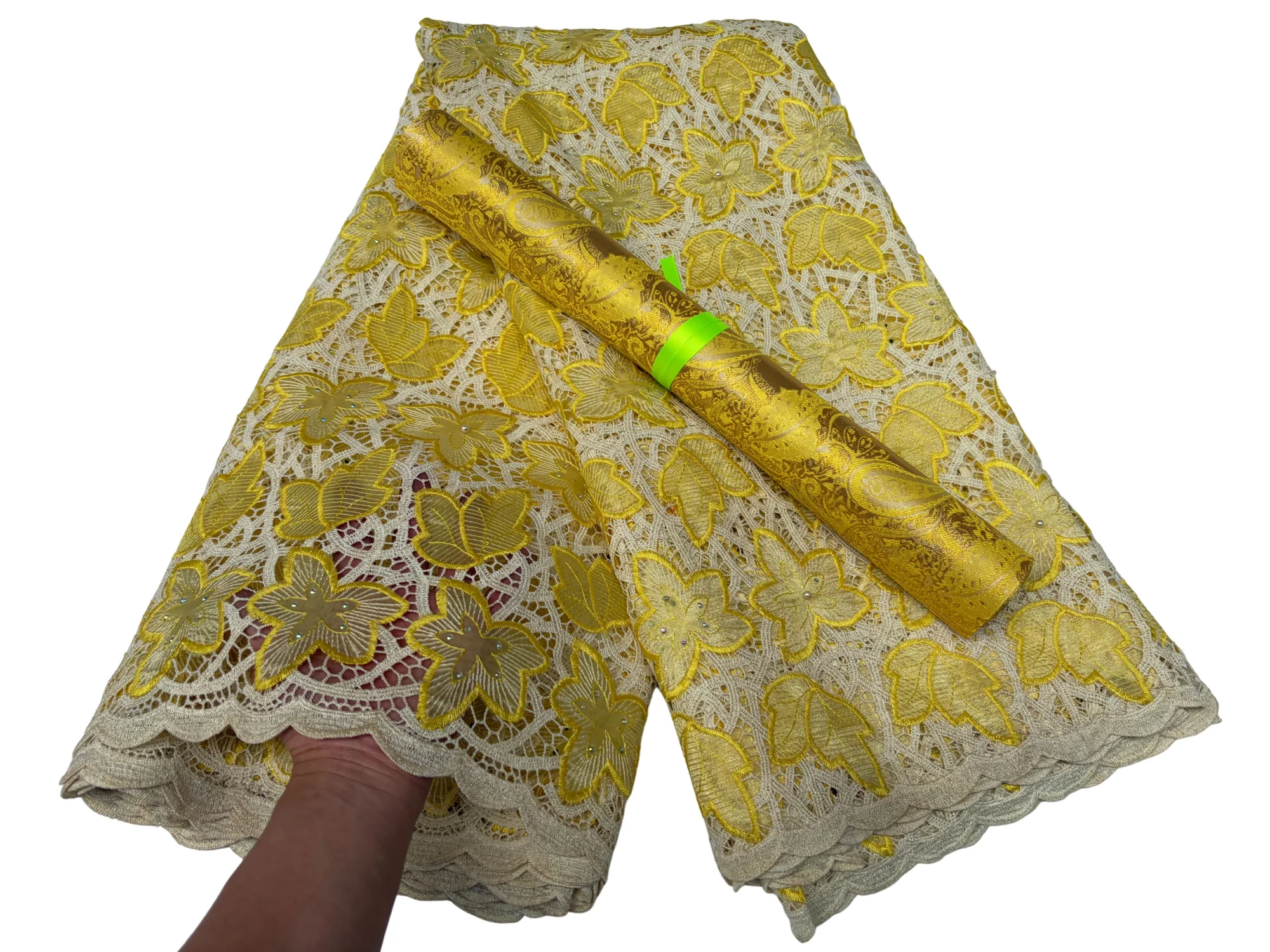 African Water Soluble Double Organza Cutting Hole Lace Fabric Color Tulle Materials 5Yards Match Hayes Sego Gele Headtie 2 Pcs