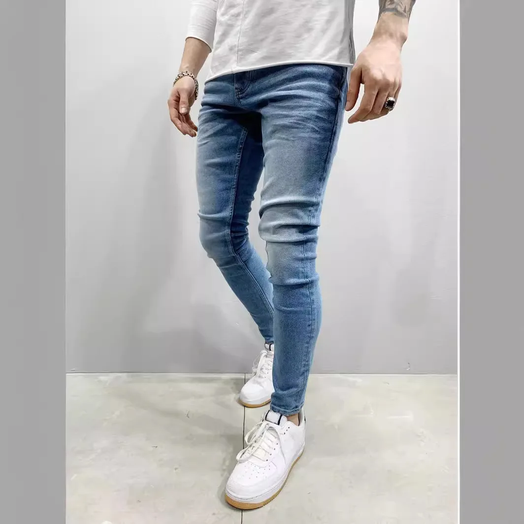 Mężczyźni Stretch Jeans Washed Pencil Pants Mid Waist Vintage Denims Pockets Button Zipper Fly Casual Basics Ankle Length Trousers