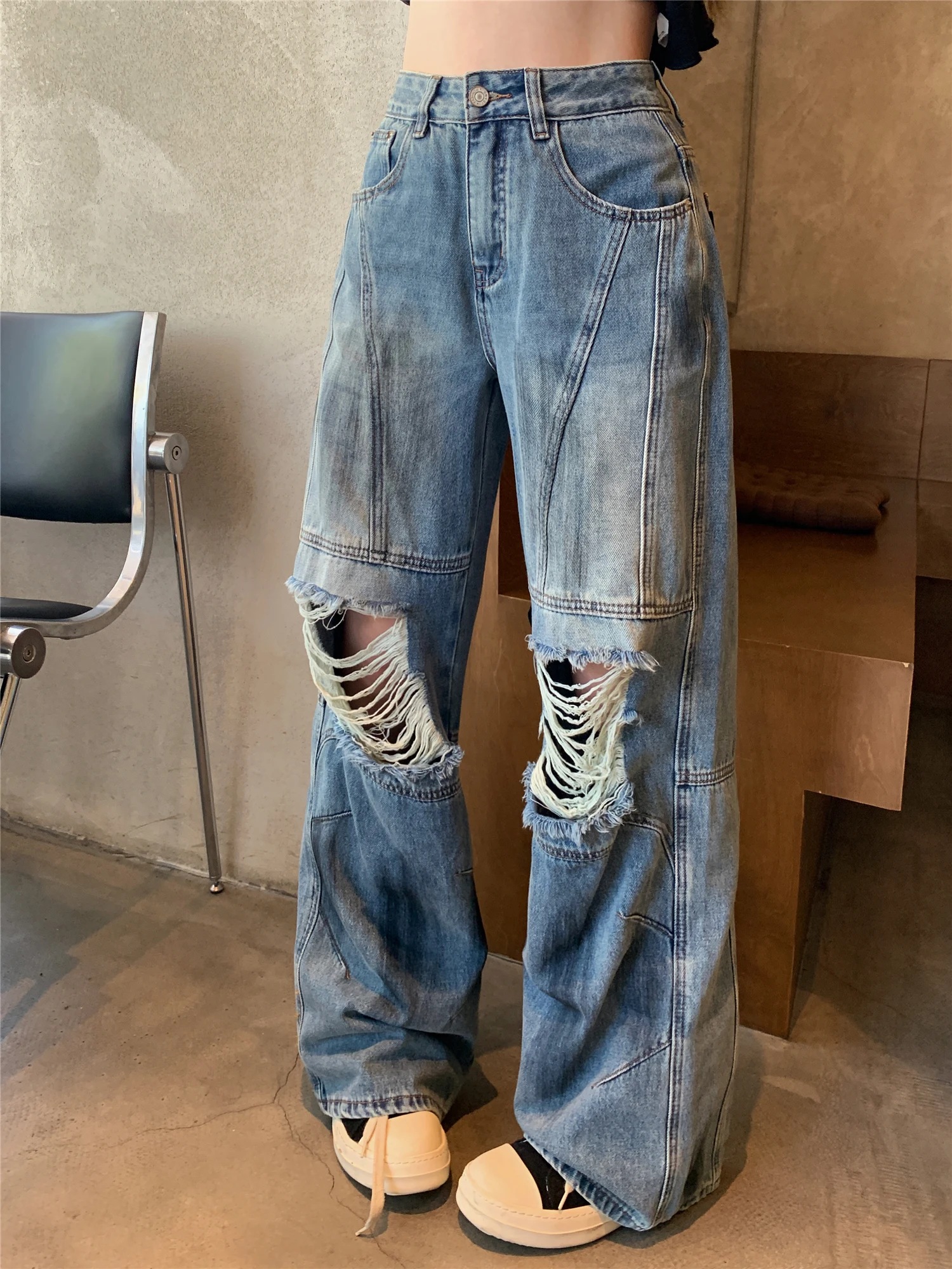 

American Retro High Waist Denim Jeans Straight Leg Pants Women Summer Loose Wide Leg Pants Floor Length Pants with Hole