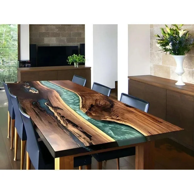 

custom.Best Quality Solid Wood Epoxy Resin Dining Table with Transparent River Custom Shape Hotels Available at price