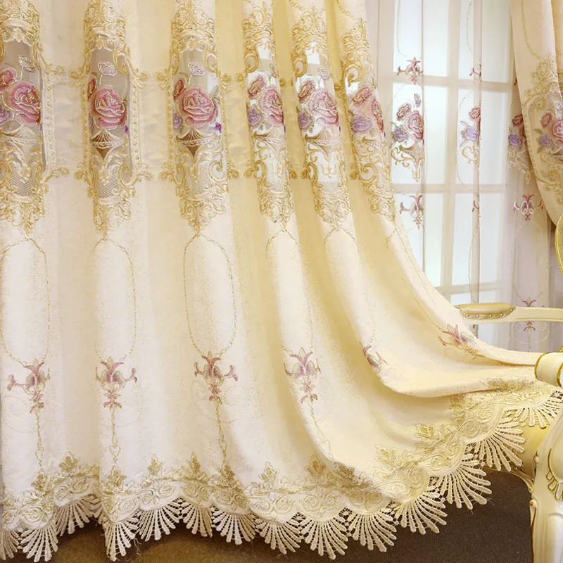 

NEW Luxury European Chenille Curtains For Living Room Bedroom Beige Elegant Hollow Flower Velvet Embroidery Drapes Custom Made