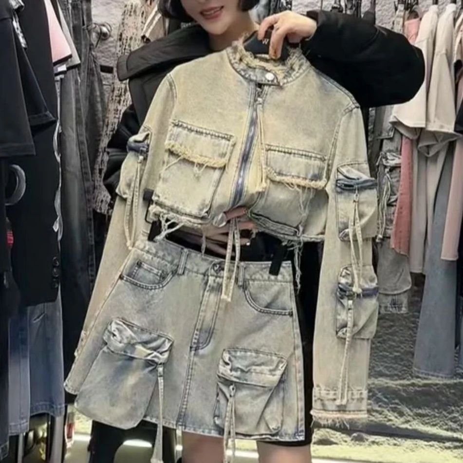 

Women Double Pockets Denim Jacket Zipper Cowboy Cardigan Stand Collar Jeans Coat Workwear Tops + Half A-Line Skirt 2Pcs Set 2025