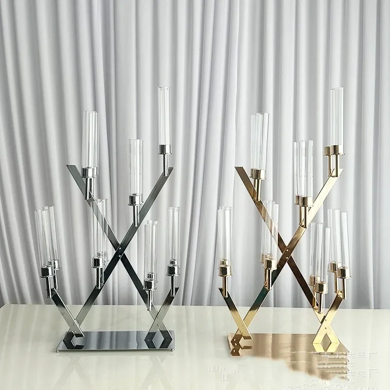 10 Stück 14-armige goldene Metall-Kandelaber-Tischdekorationen mit Glasschirmen, hohe Kerzenhalter für Hochzeiten, Events und Partys – Detail 3