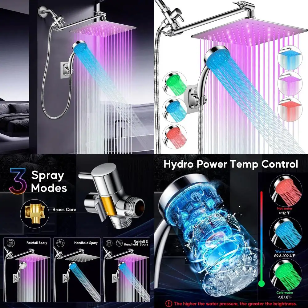 

Душевая система Rainfall с 10 форсунками, 11-дюймовым выдвижным кронштейном, светодиодами с изменением цвета, из нержавеющей стали, шланг 60 см, хромированная отделка