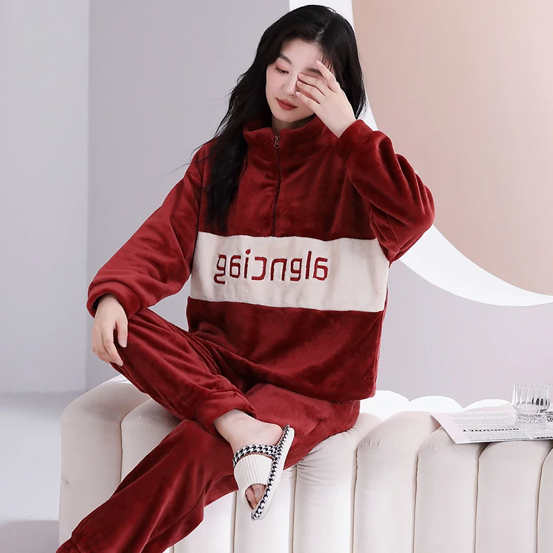 

Pajama Sets Valentines Day Women Fleece Peach Strawberry Print Plush Pile Insulating Layer Zip Pocket Hooded Long Sleeve Ankle