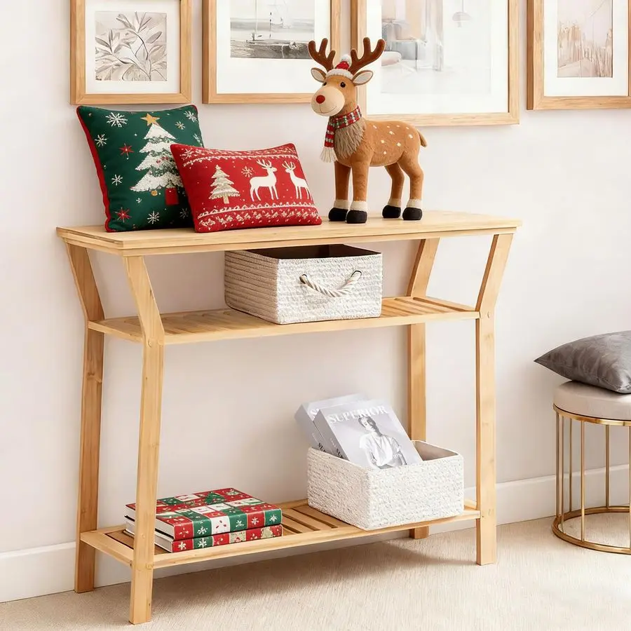38.6 Console Table, Bamboo Entryway Table with 3Tier Storage Shelves, Narrow Sofa Table, Display Table for Entrance, Hallway, Li