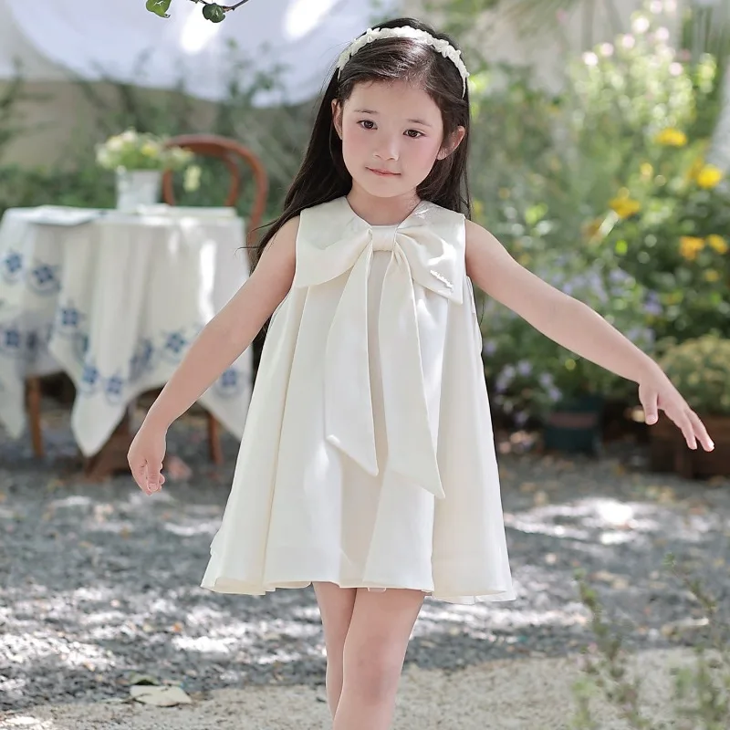 

Elegant White Beige Summer Girls Veil Dress Street Wear High Waist Short Dress Children Sleeveless Casual Bow Collar Dress