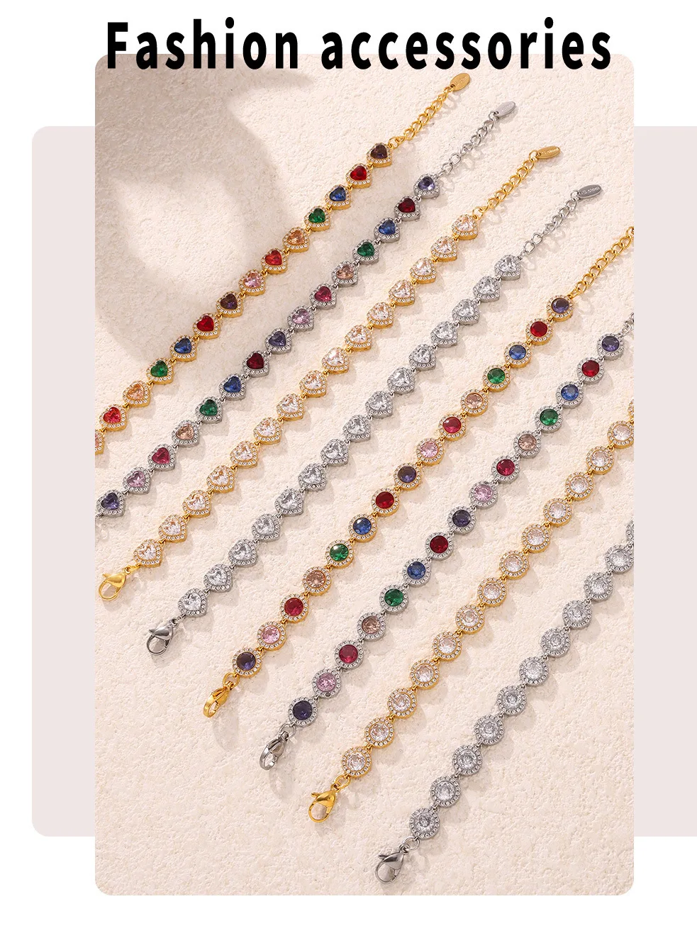 Farbiges Zirkonia-Herzarmband für Damen aus 316 Edelstahl, Vergoldet, Luxuriöser Armreif, Damen-Charm-Schmuck-Accessoires – Detail 8