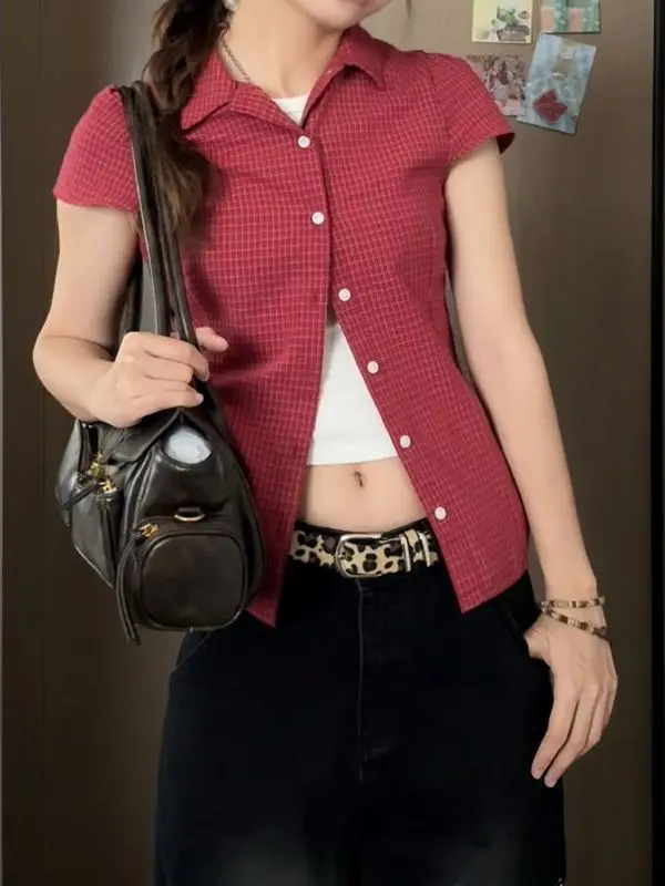 Retro Hong Kong Sle Red Ne ort Sve Plaid irt Top da donna slim fit oulder Versione coreana Estate Nuovo...