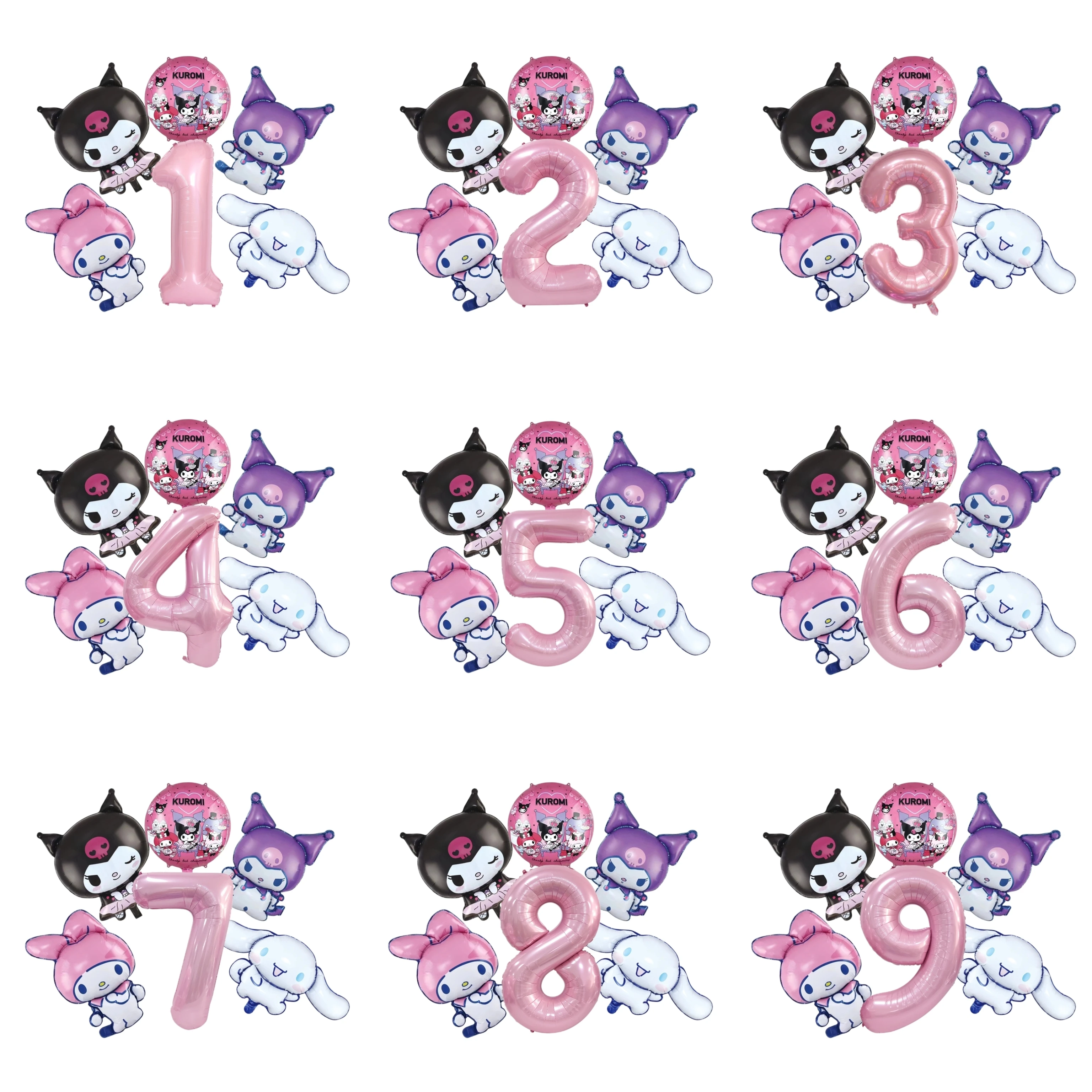 6 szt./1 zestaw Balony z motywem anime Melody Kuromi, różowe, fioletowe, czarne, balon foliowy z numerem 32 cale, dekoracje urodzinowe dla dziewczynki, zabawki dla dzieci
