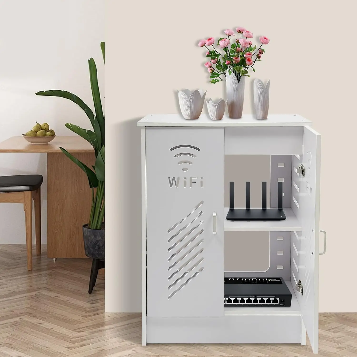 WiFi Router Storage Cabinet, Floor-Standing Decorative Storage Box Power Strip Cable Management Hider Organizer, Customized