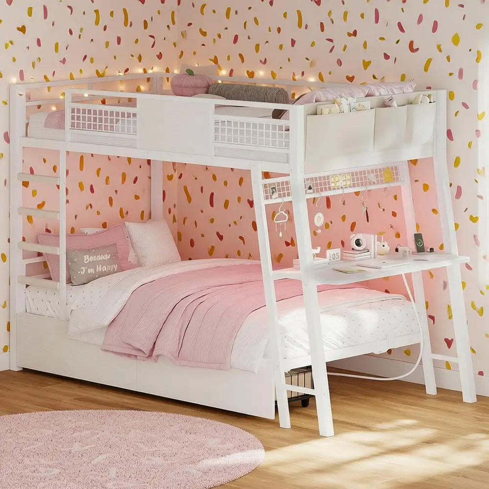Twin Bunk Bed with Desk, RGB Lights, Storage, Safety Rails, Metal Frame, White, No Box Spring