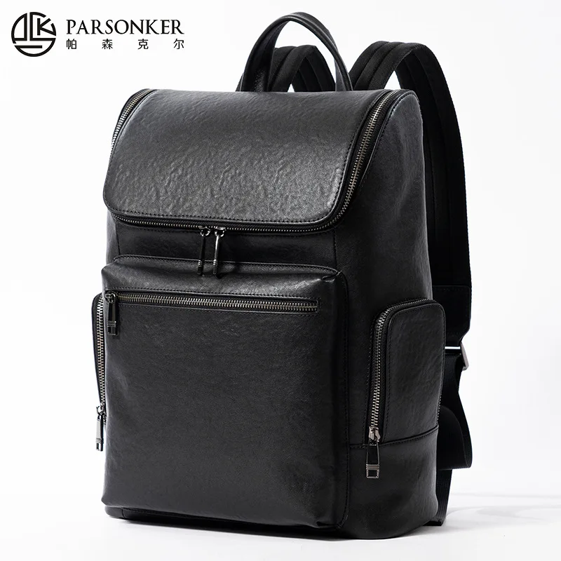 Men's genuine leather high-end double-shoulder bag with simple flap, large capacity, multi-functional, 16-inch computer backpack