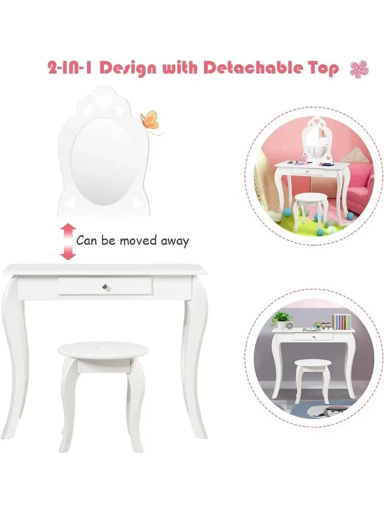 Kids Vanity Set with Mirror, Toddler Wooden Vanity Table with Stool & Drawer, Princess Pretend Play Beauty Makeup Dressing Table