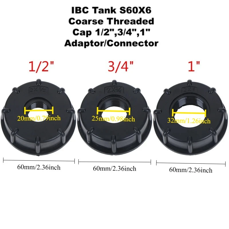 2Pcs Reinforced Durable IBC Tank Fittings S60X6 Coarse Thread Cap 60mm Female Thread to 1/2