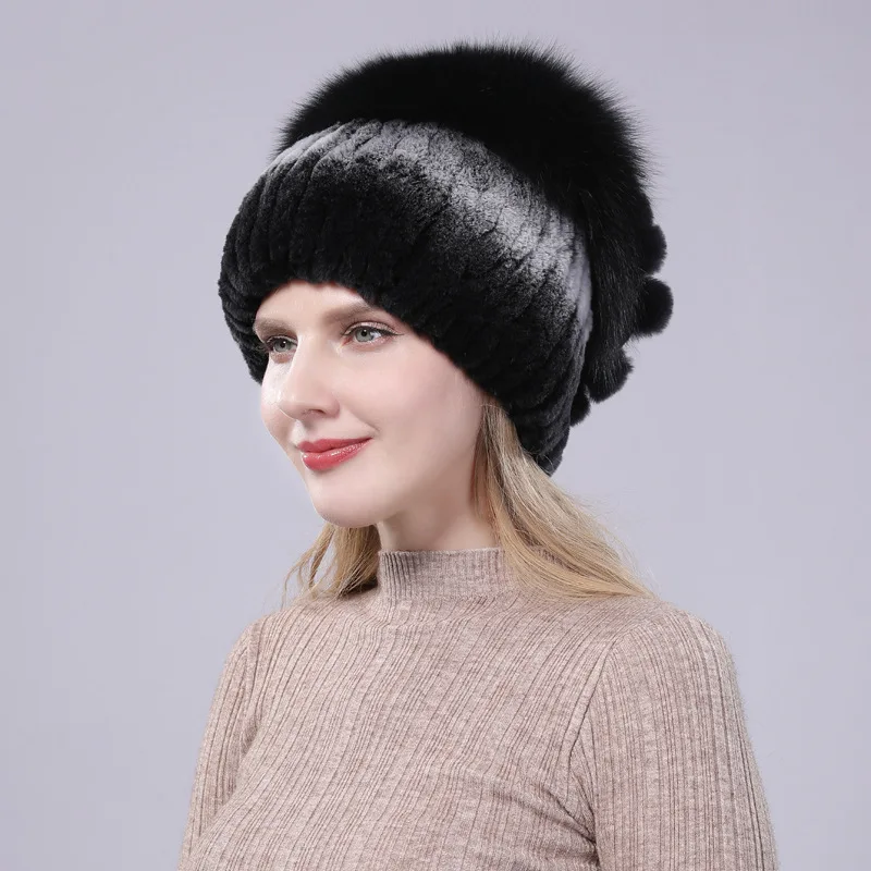 

Fur Hats for Women Winter Real Rex Rabbit Hat Fox fur kniting female warm snow caps ladies elegant princess beanies cap