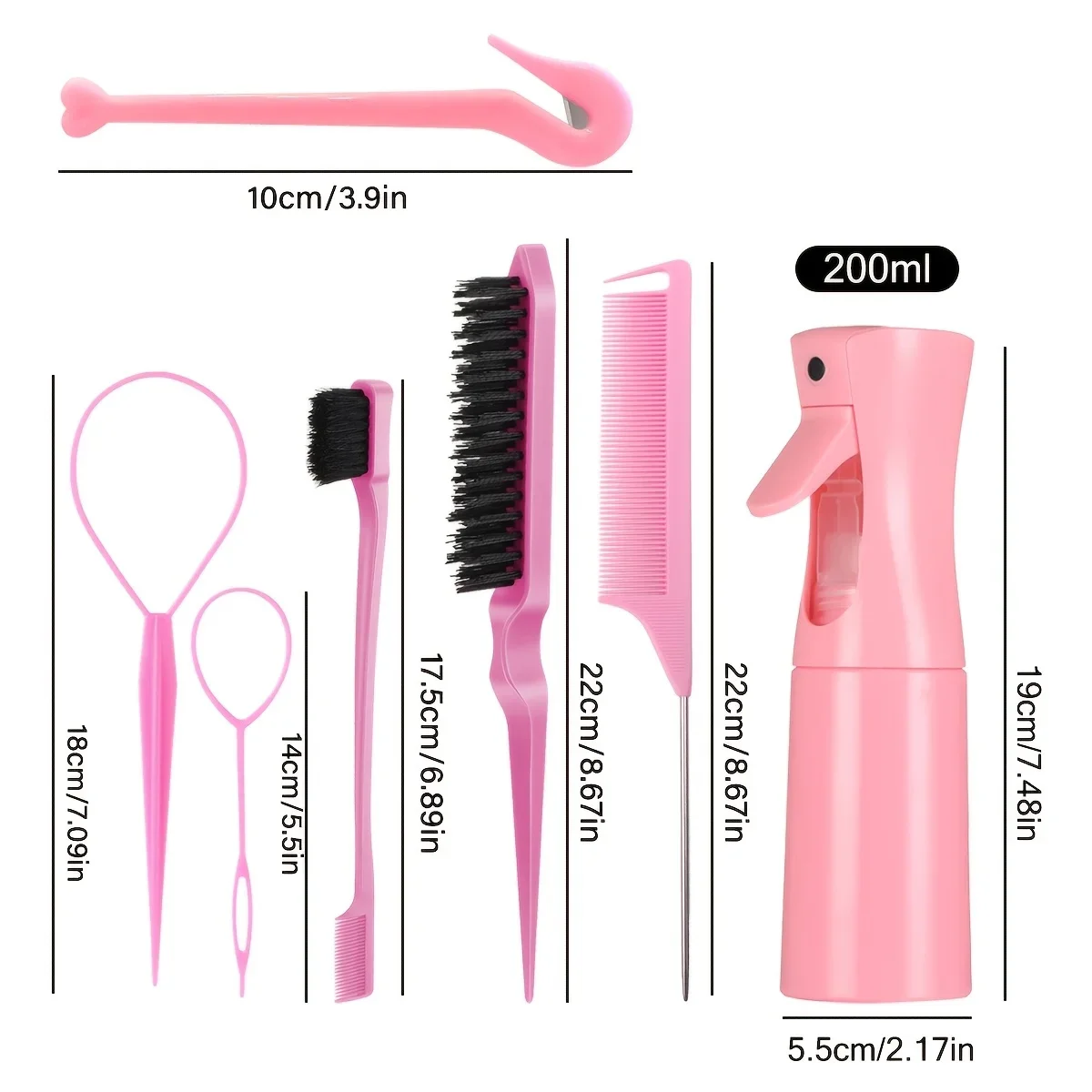 7pc/set Professional Hairdressing Kit Tool Includes Hair Brush Spray Bottle Rat Tail Comb Hair Braiding Loop Styling Accessories view 6