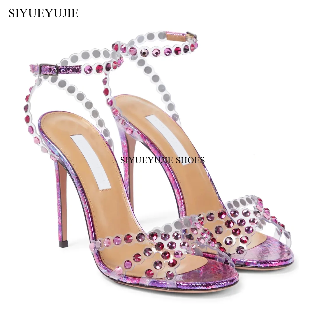 Red Rhinestone Luxury Sandals Round Toe Thin High Heels Open Toe Buckle Strap Sandals Hottest Fashion Sexy Summer Women Shoes