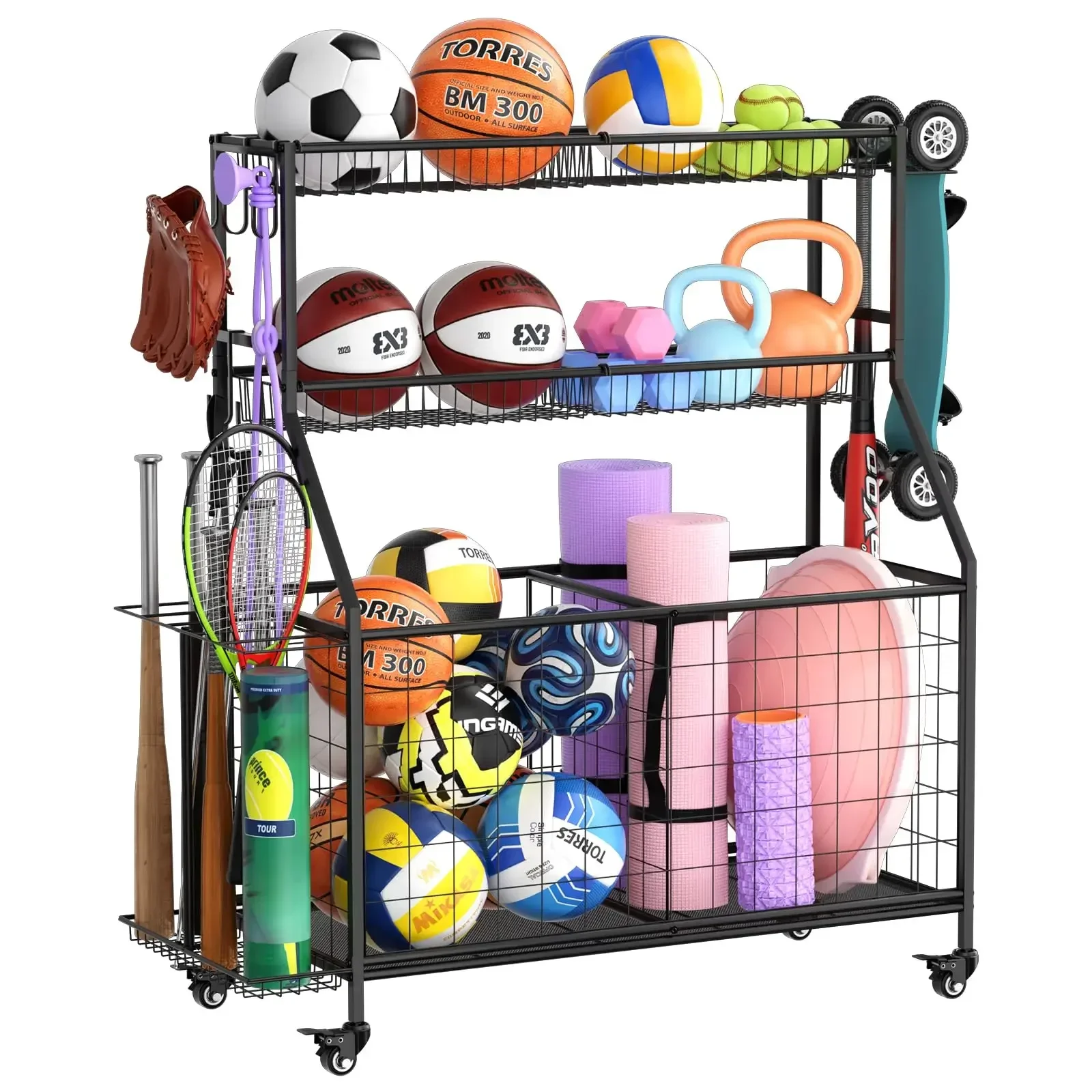 

2026 Sports Equipment Organizer Garage Ball Storage Rack with Basket Hooks and Rolling Cart for Toy Sports Gear Storage