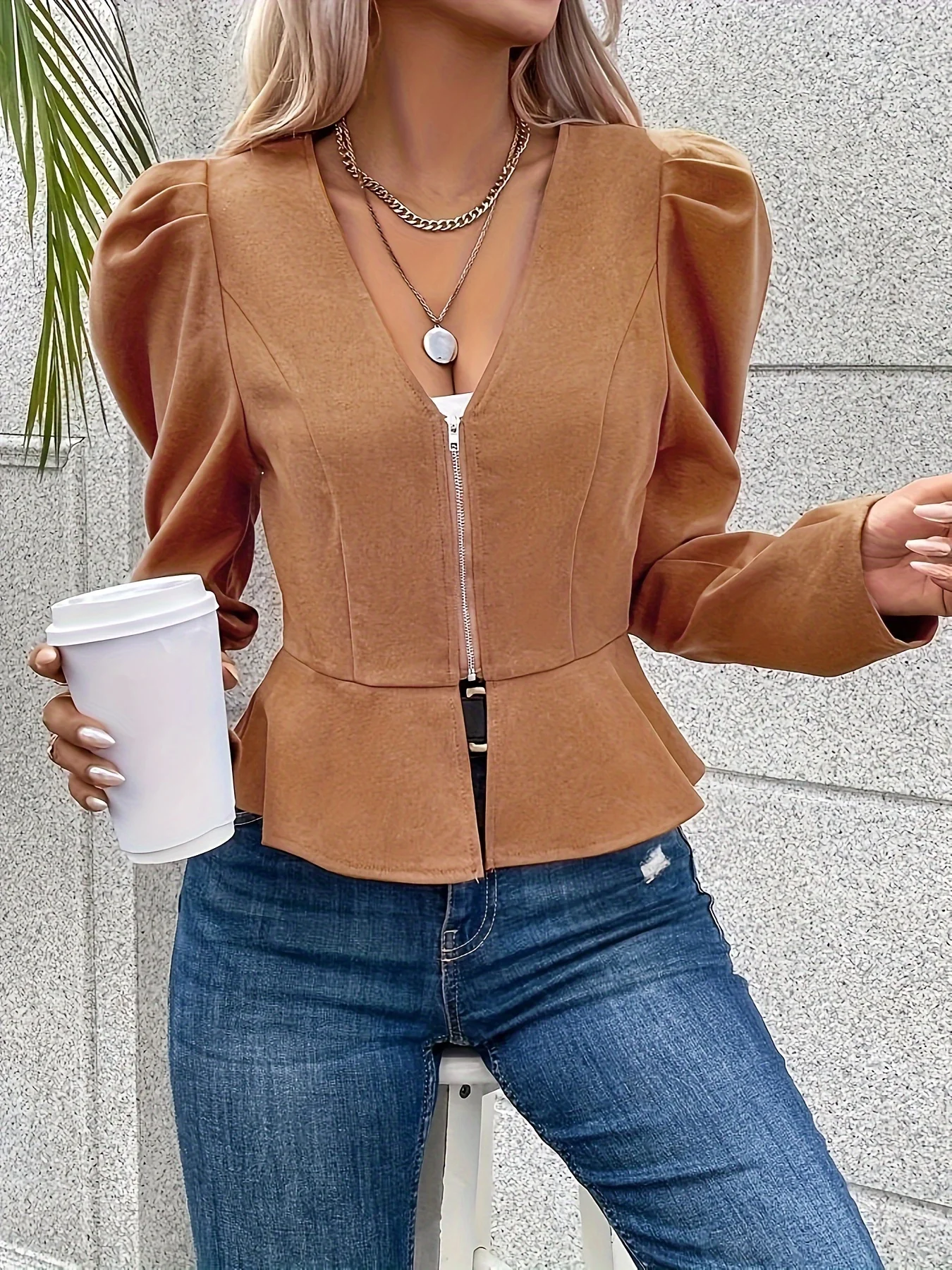 Women's Fashion V-neck Slim Fit Top Folded Long Sleeve Access Zipper Cardigan Short Jacket