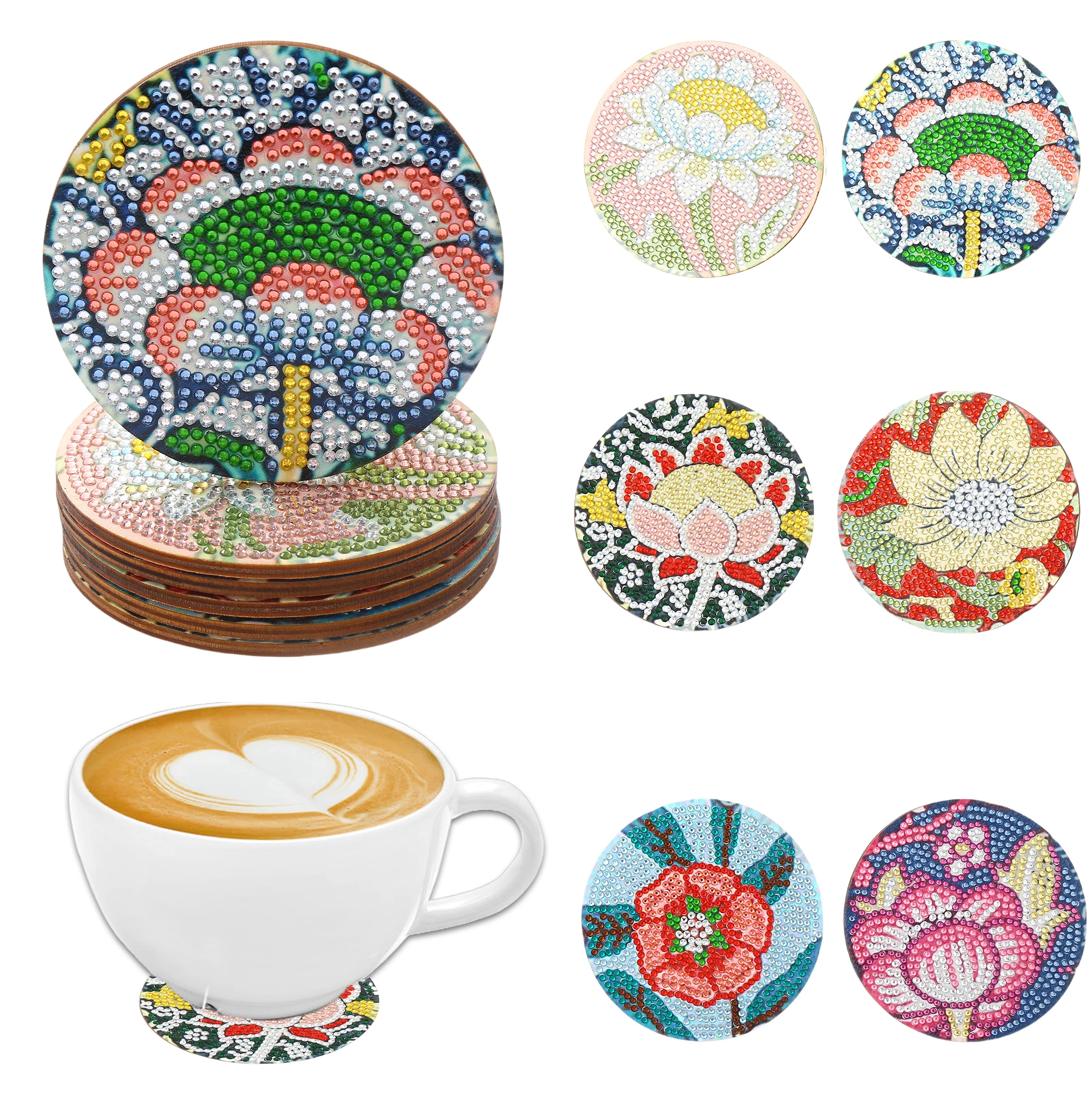 6-teilige Untersetzer mit Blumen-DIY-Diamantmalerei, ohne Getränkehalter, rutschfeste Untersetzer aus Holz, Küche, Büro, Partydekoration