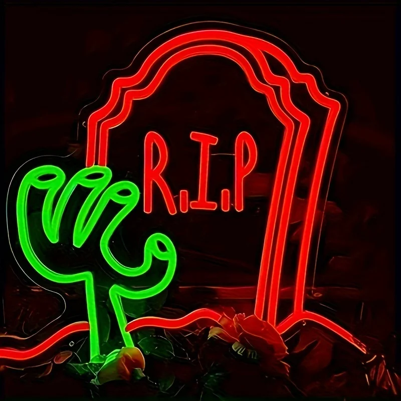 Torn Tombstone Neon Sign, Rip LED Neon Sign USB Dimmable Gothic Style Wall Decorative Light, for Hollywood Party Wall Decor
